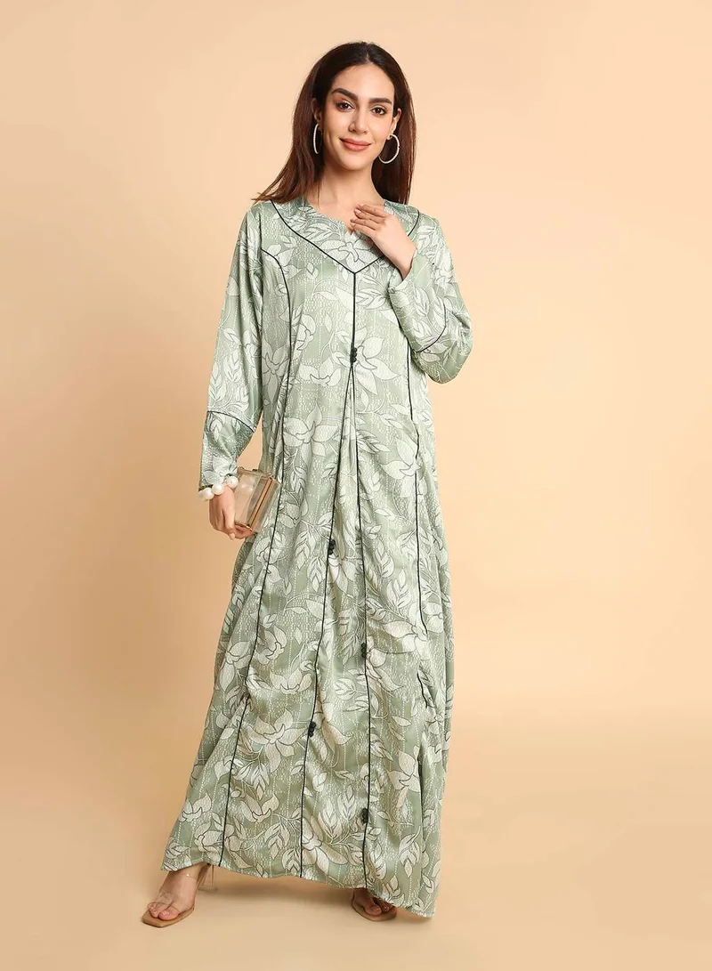 HANA & SARA Women’s Sage Green Floral Arabic Jalabiya with Sophisticated Long Sleeves